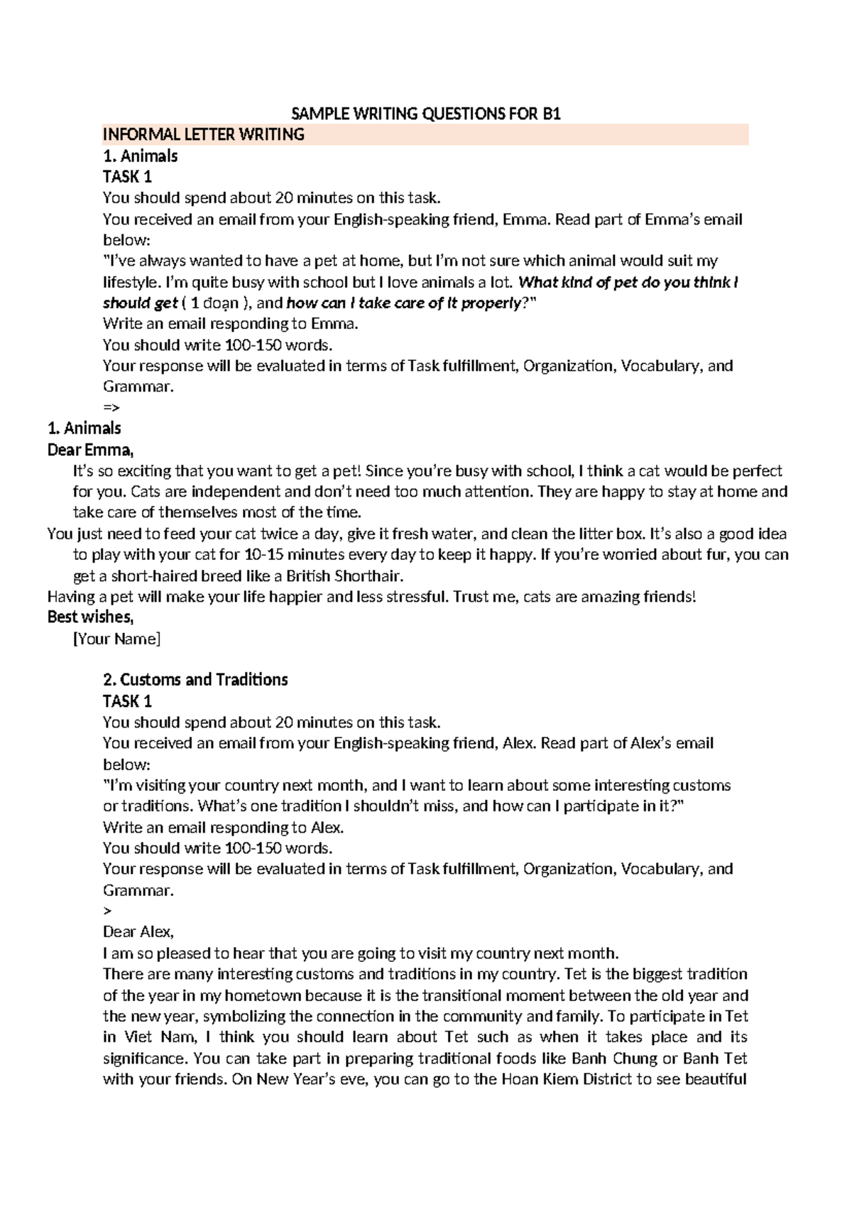 B1 Informal Letter Writing Sample Tasks - English Language Skills - Studocu