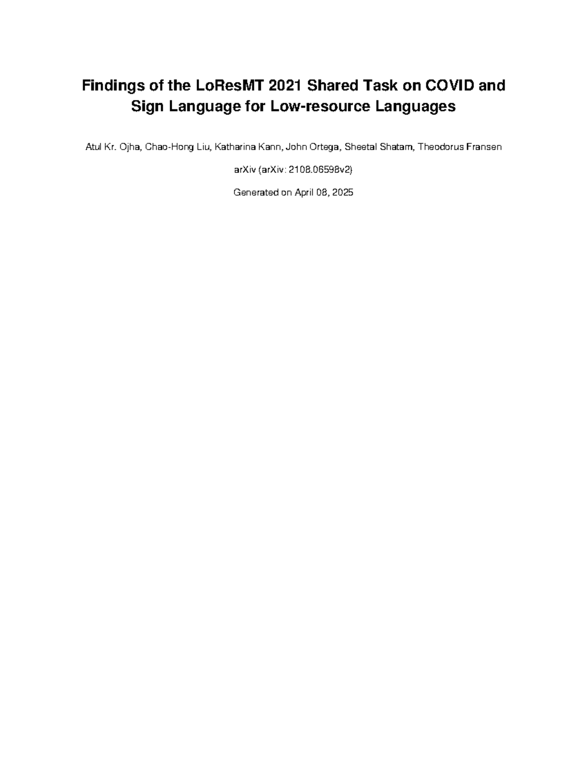 Findings of the LoResMT 2021 Shared Task on COVID & Sign Language - Studocu