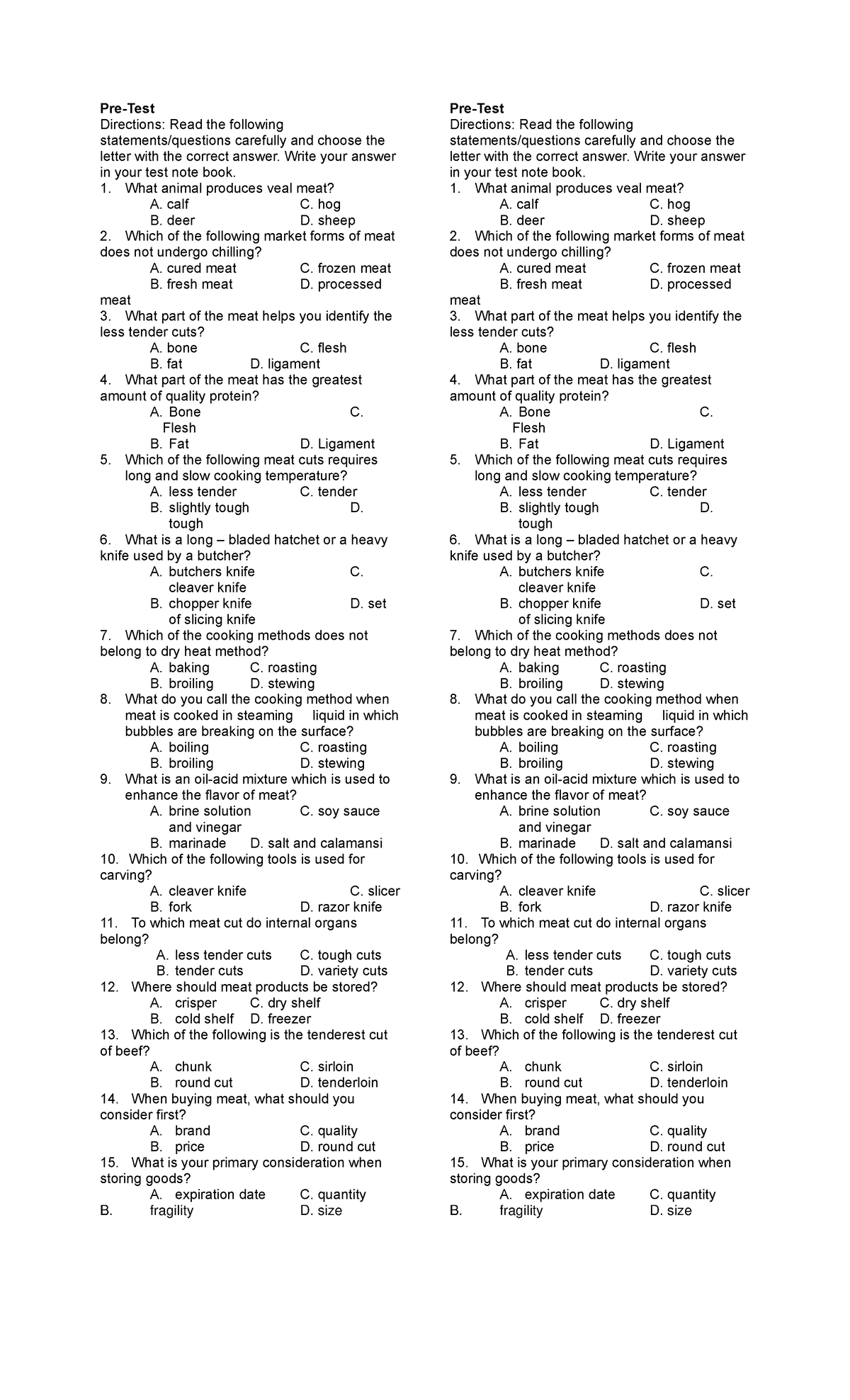 pre test for grade 10 - Pre-Test Directions: Read the following ...