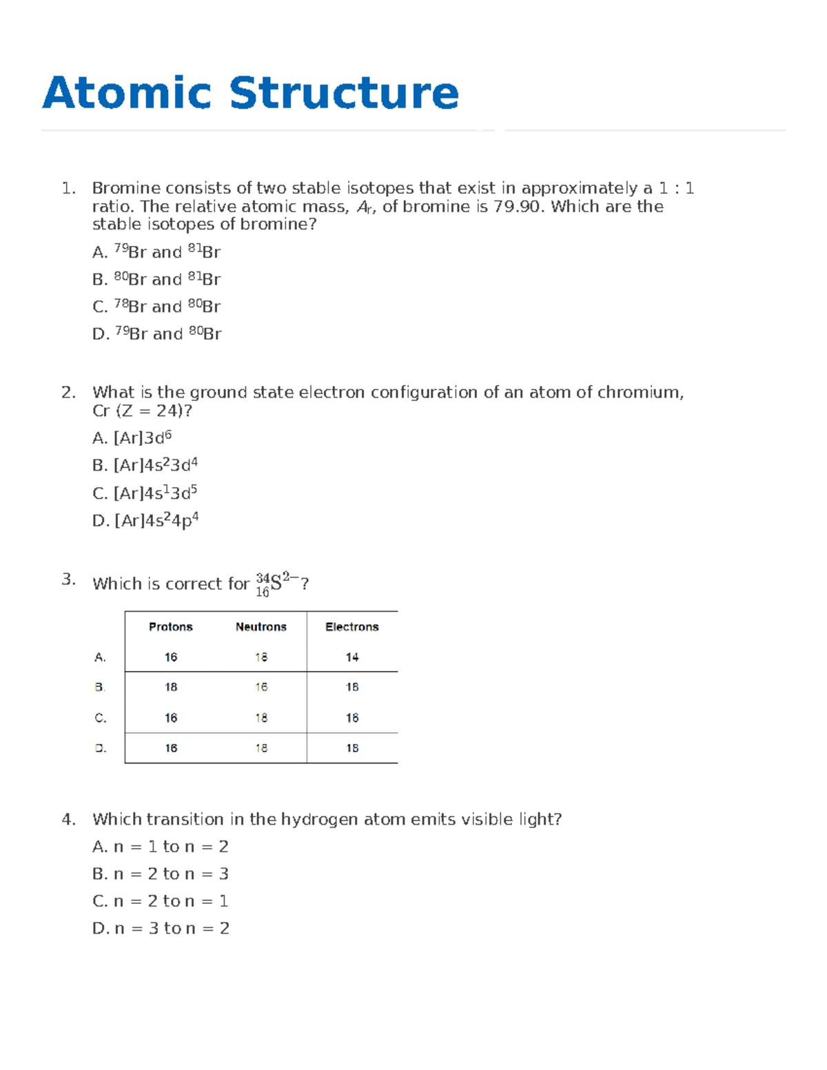 Atomic Structure Q&A Bank for Chemistry 101 - Studocu