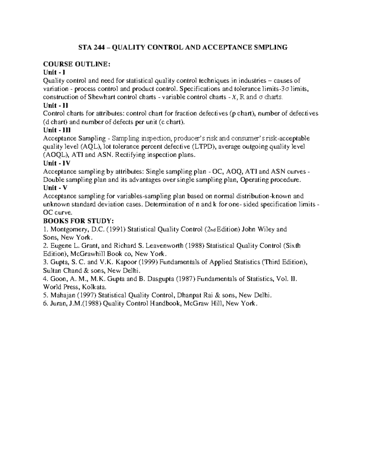 Chapter 1: Introduction to Quality Control & Charts in STA 244 - Studocu