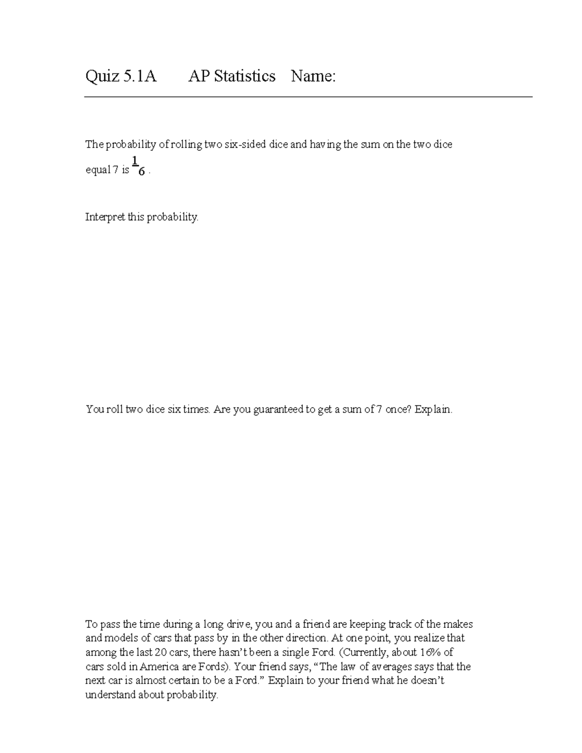 Chapter Quiz 5: Probability Concepts in AP Statistics (2903y86) - Studocu