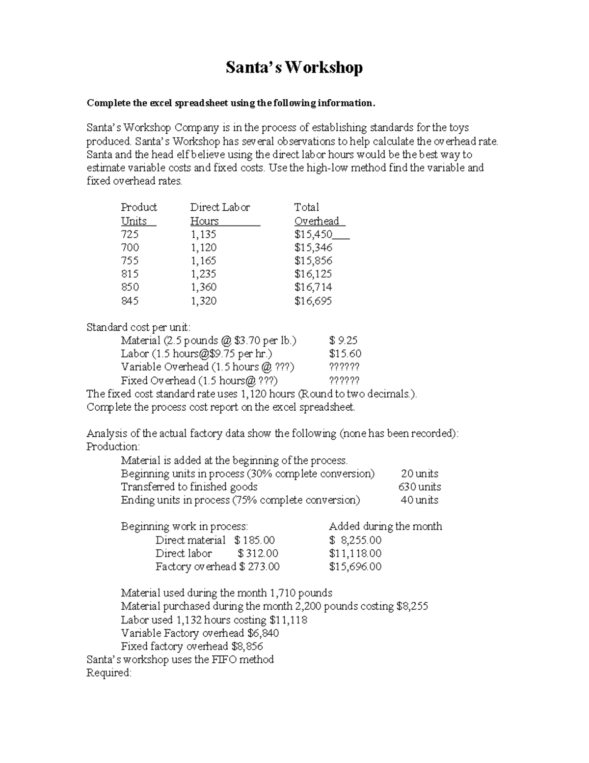 Santa's Workshop - Project: Overhead Rate Calculation & Excel Report ...