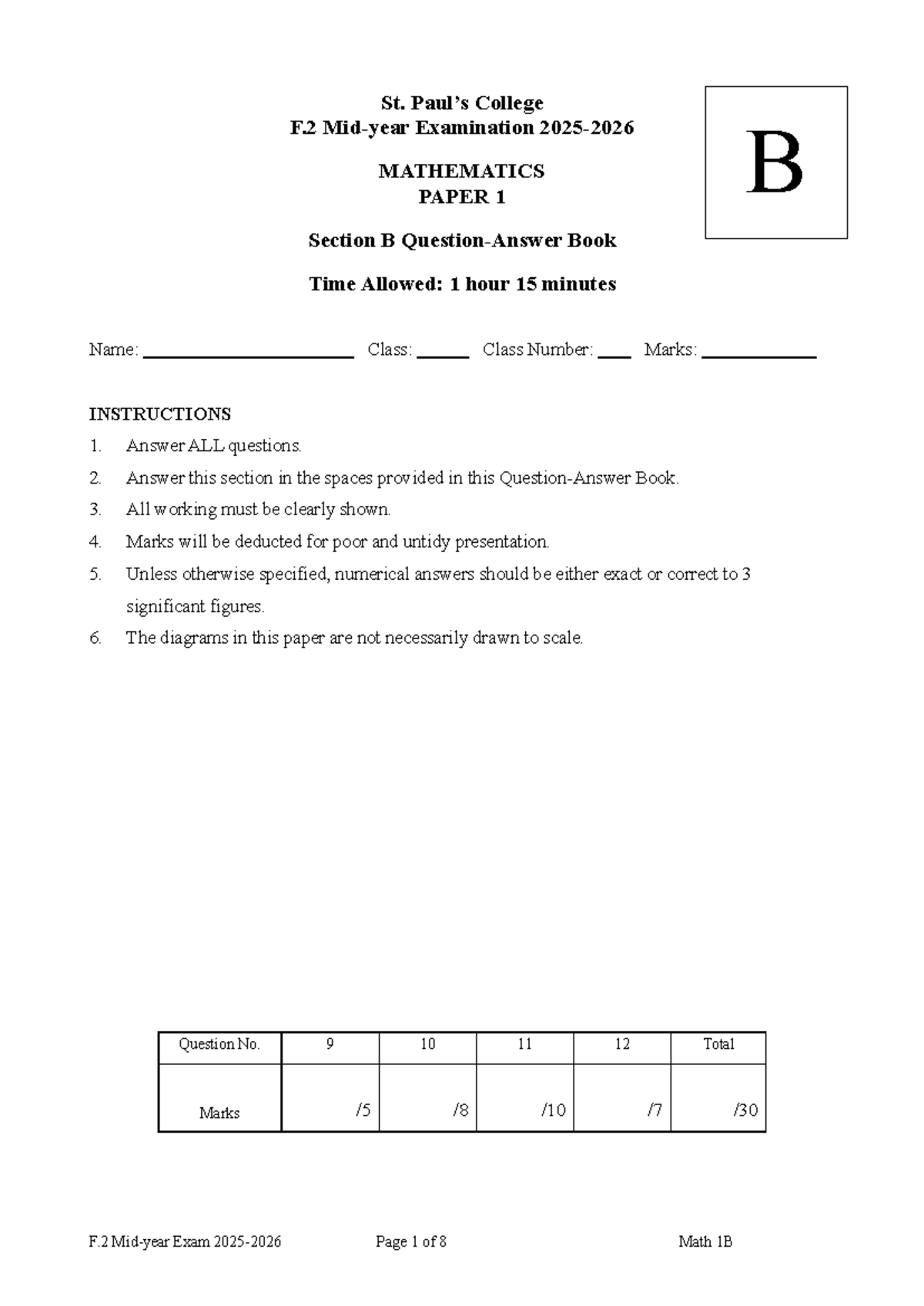 F.2 Mathematics Exam Paper 1 - Section B (2025) - Studocu