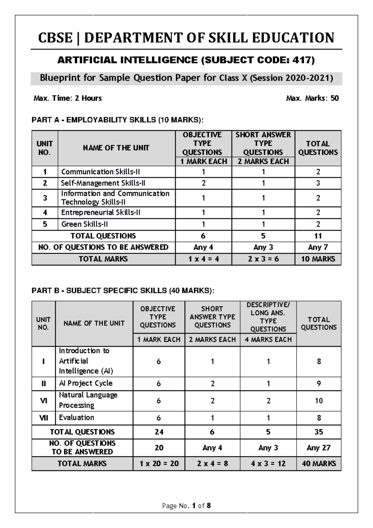 417 AI Sample Question Paper for Class X - 2020-2021 - Studocu