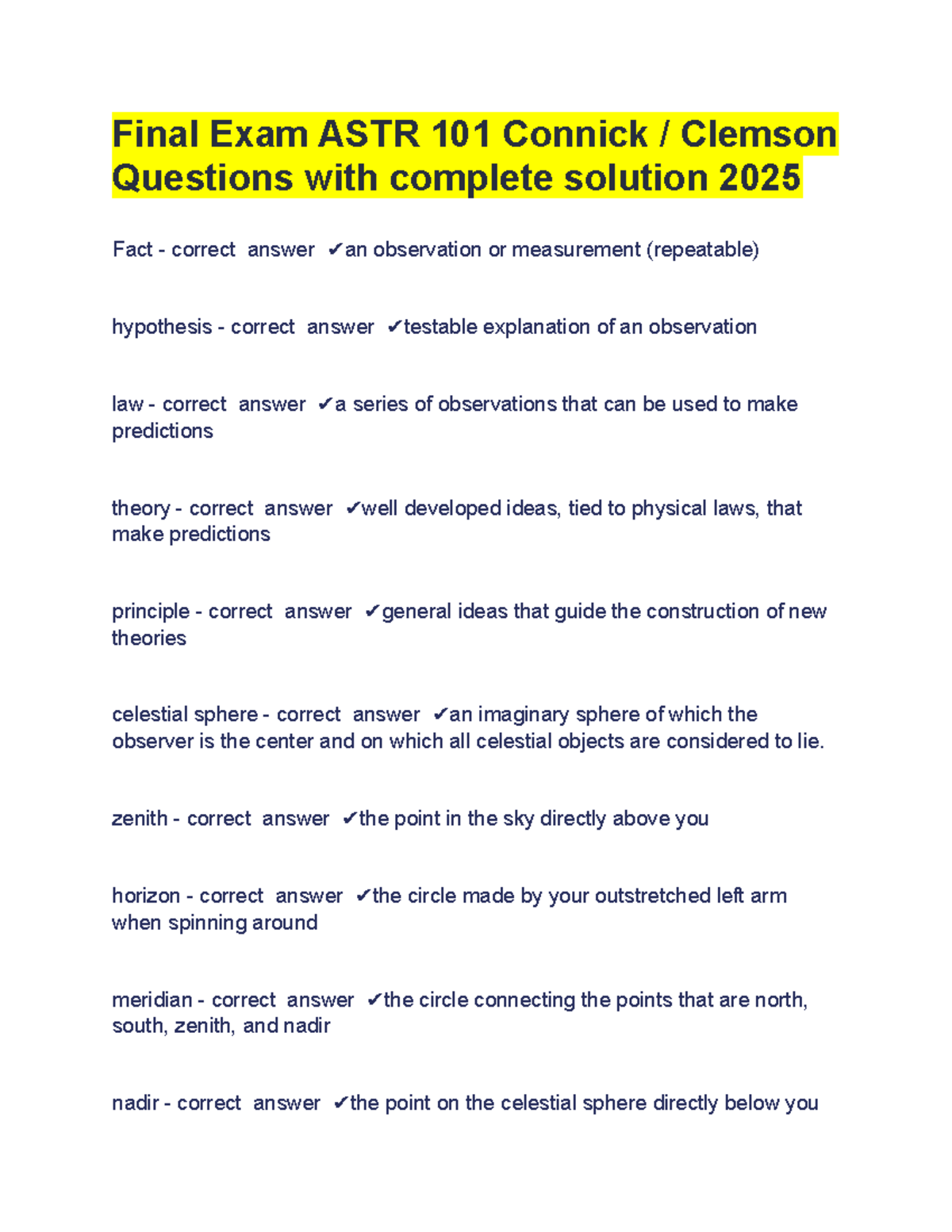 Final Exam ASTR 101 Connick: Comprehensive Solutions & Key Concepts ...