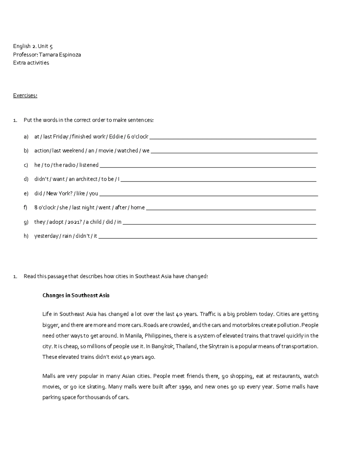Extra Activities for English 2: Unit 6 - Understanding Others - Studocu