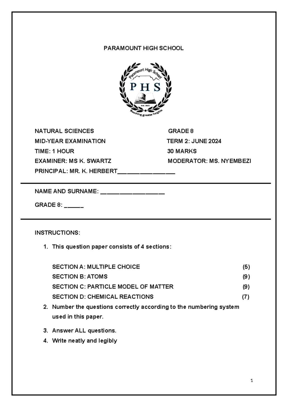 NS GR 8 MID-YEAR EXAM - Natural Science Test (Term 2, June 2024) - Studocu