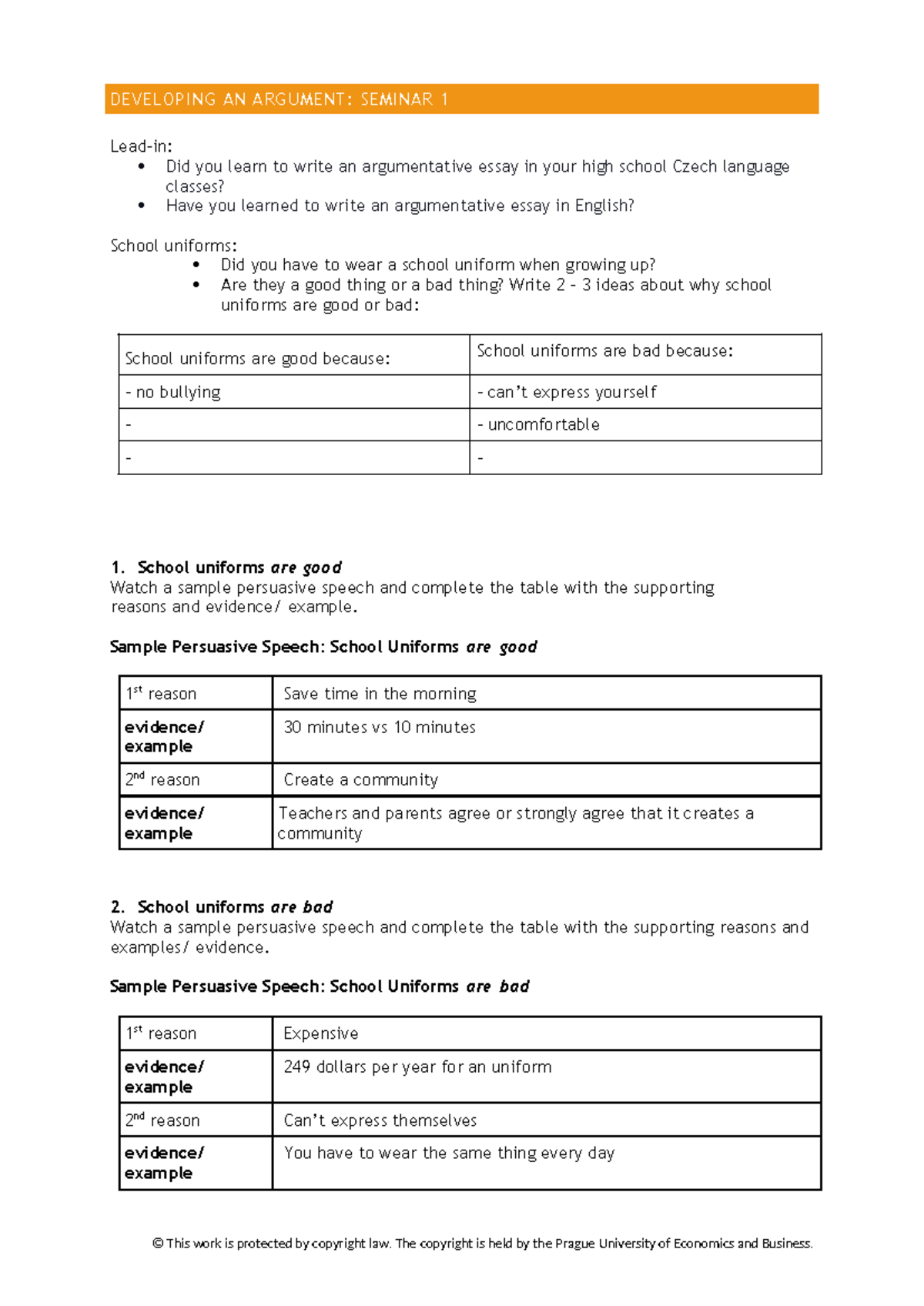 SH for Developing an Argument: Seminar 1 on School Uniforms - Studocu
