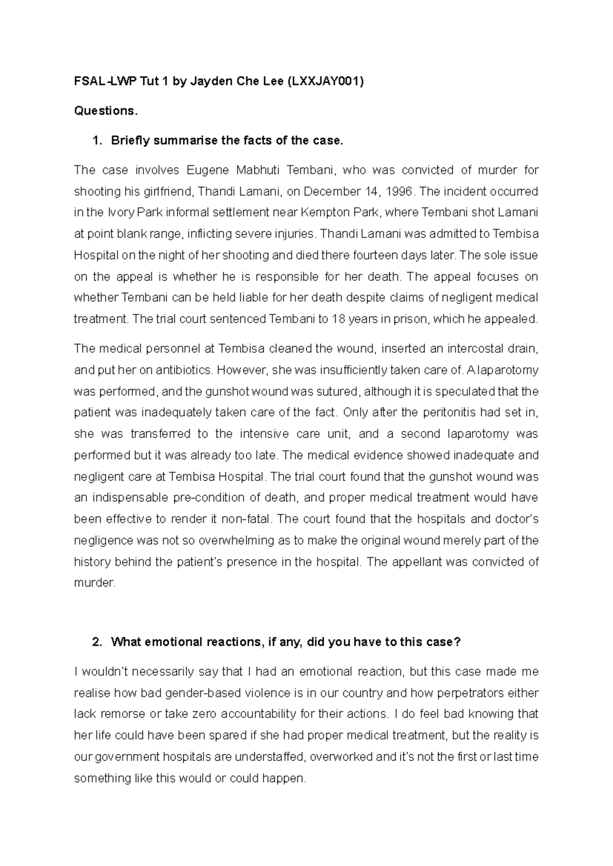 FSAL-LWP Tut 1: Case Study on Tembani's Murder Conviction - Studocu