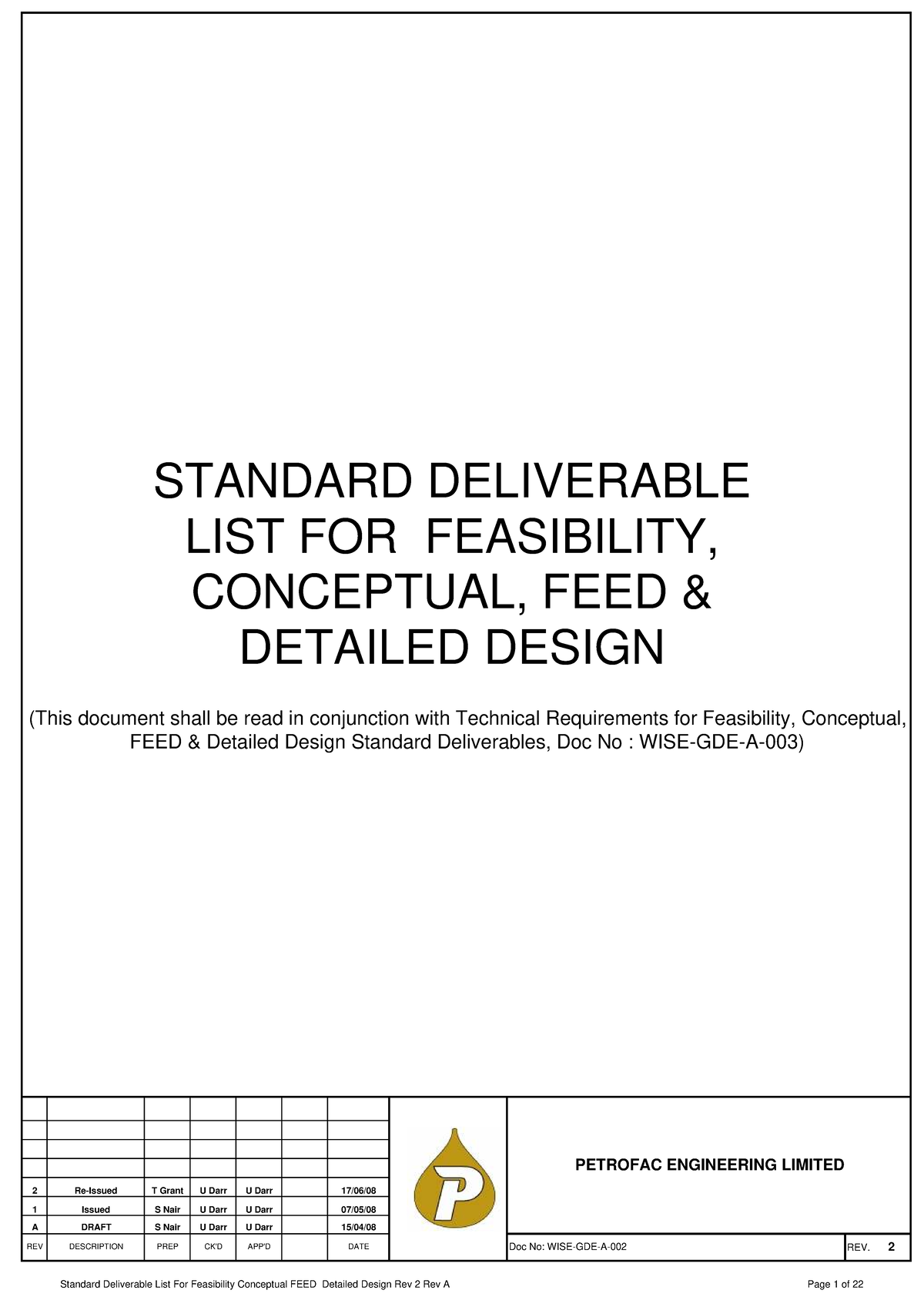 Standard Deliverables List for Feasibility, Conceptual, FEED Design ...