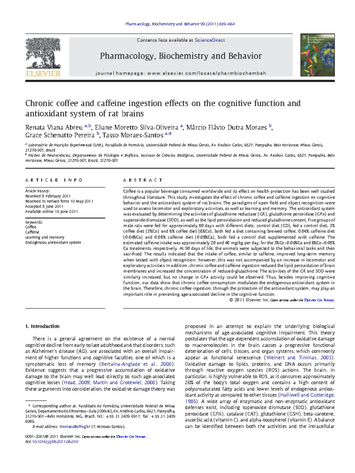 Chronic Coffee and Caffeine Ingestion: Cognitive and Antioxidant ...