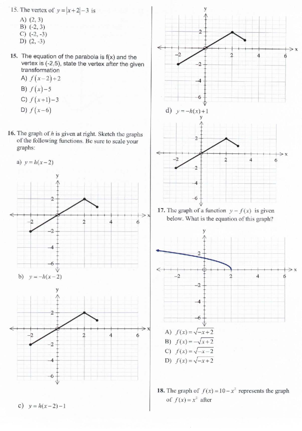 Transformation Questions for Math 15: Vertex and Graphs - Studocu