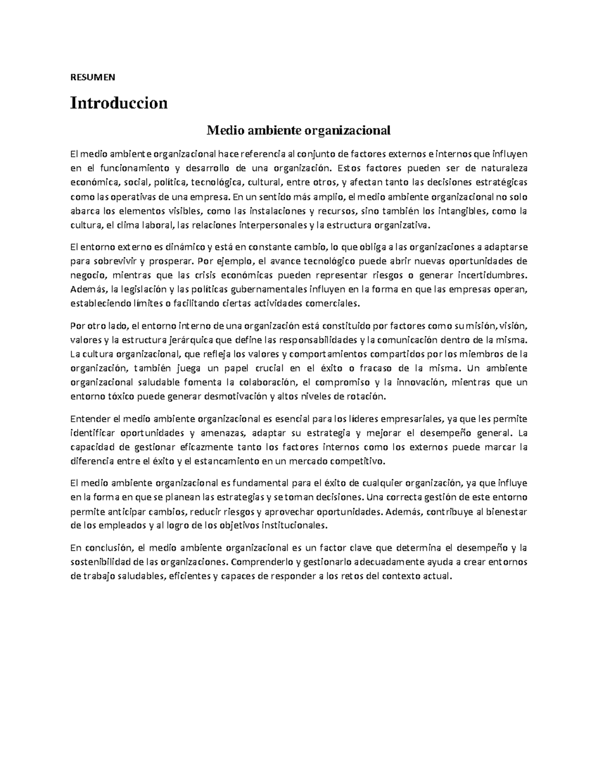 Resumen: Medio Ambiente Organizacional y su Impacto en el Éxito - Studocu