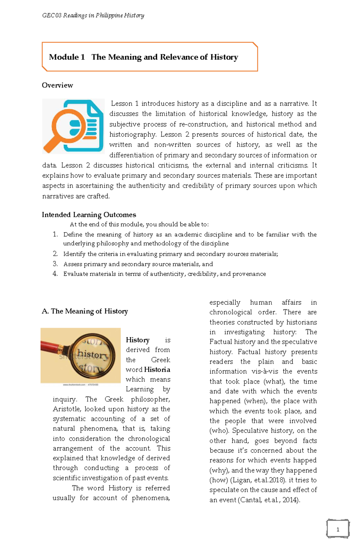 GEC03 Readings in Philippine History: Module 1 - Meaning & Relevance of ...