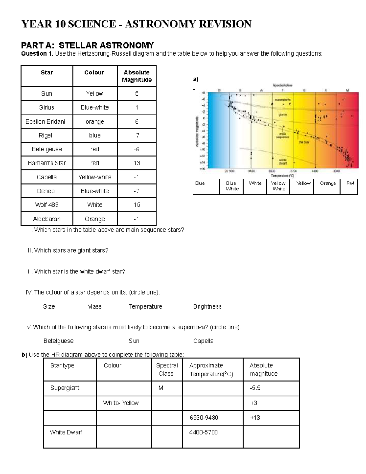 YEAR 10 SCIENCE ASTRONOMY REVISION: STELLAR ASTRONOMY QUESTIONS - Studocu