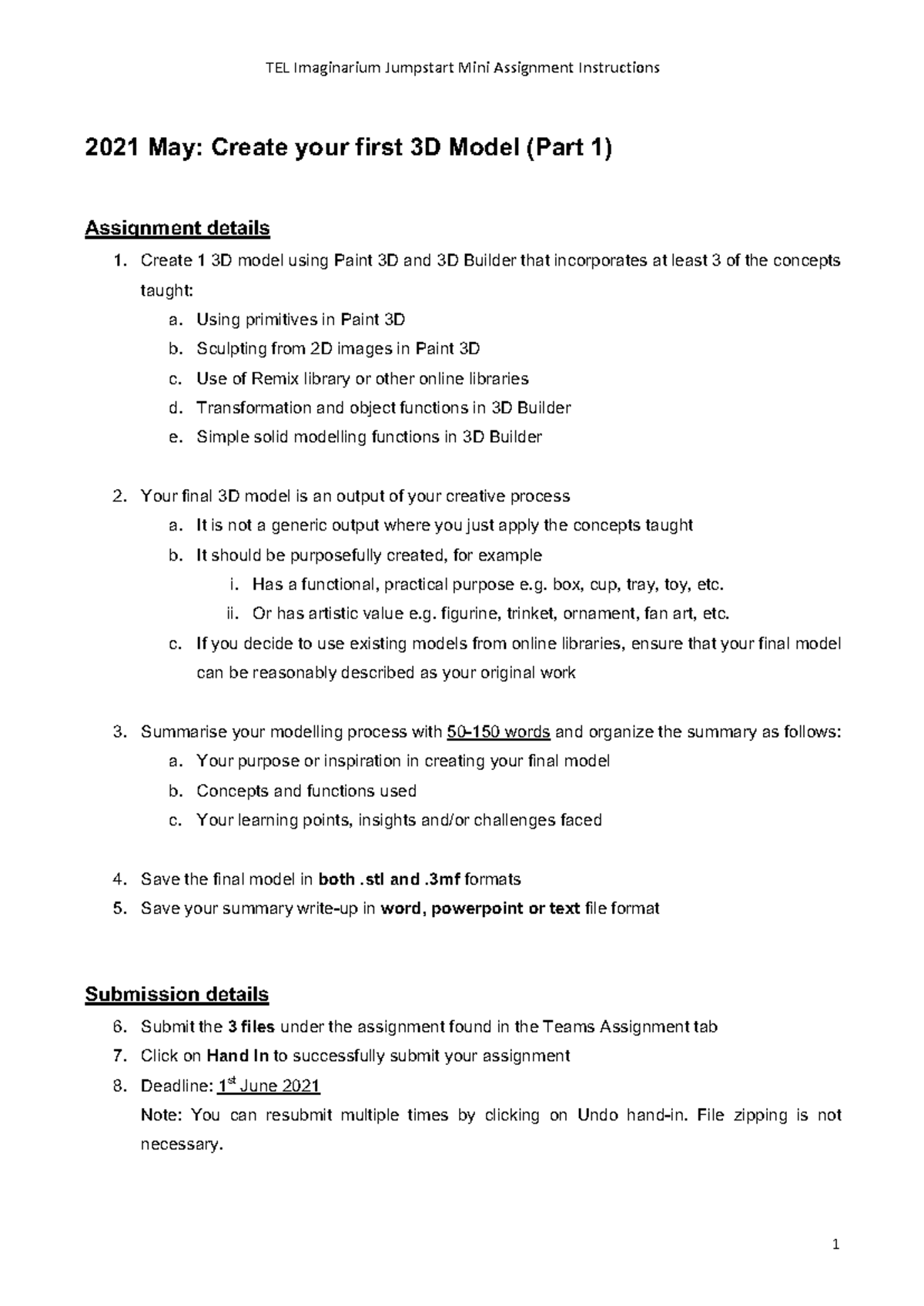 JM2021may assignment 3DMP1 - TEL Imaginarium Jumpstart Mini Assignment ...