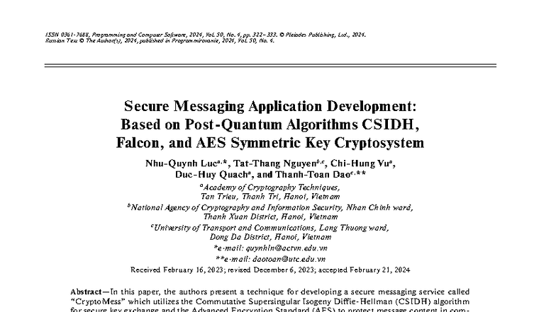 Secure Messaging Application Development Using CSIDH, Falcon, and AES ...
