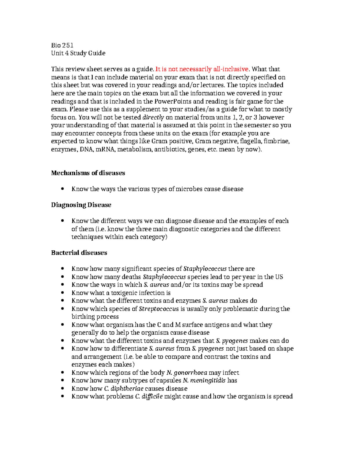 Bio 251 Unit 4 Exam Review: Key Concepts in Microbial Diseases - Studocu