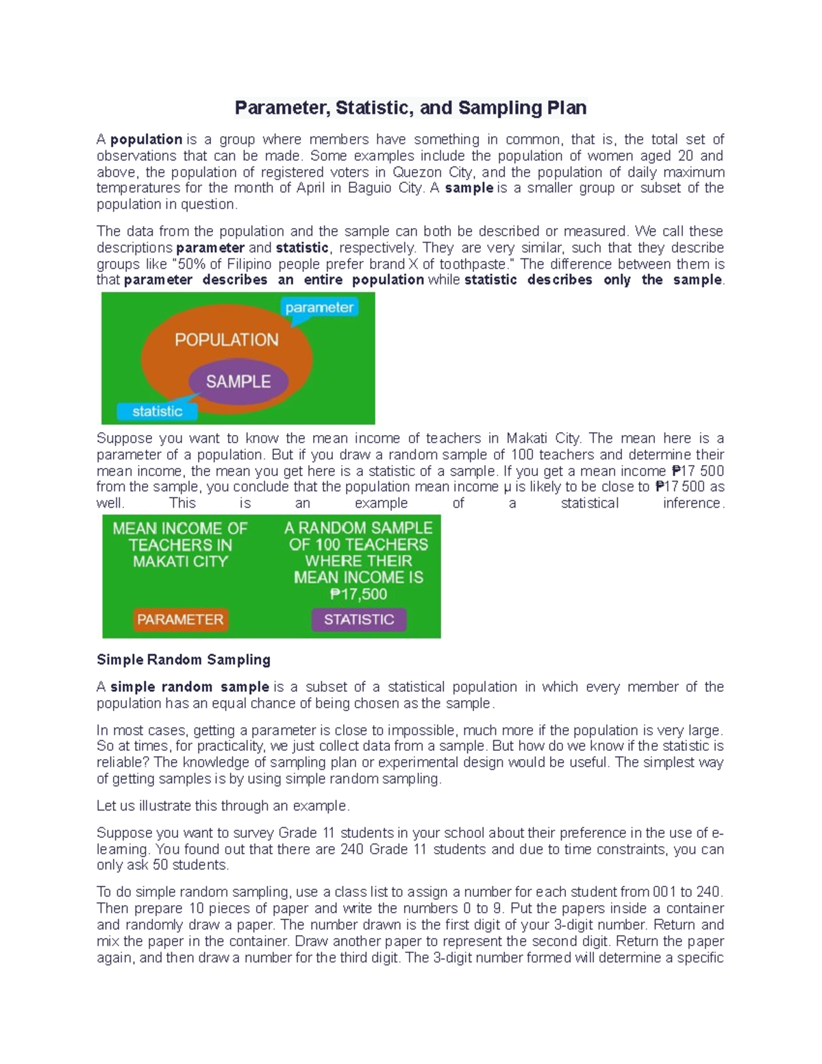 Understanding Parameters, Statistics, and Sampling Plans in Research ...
