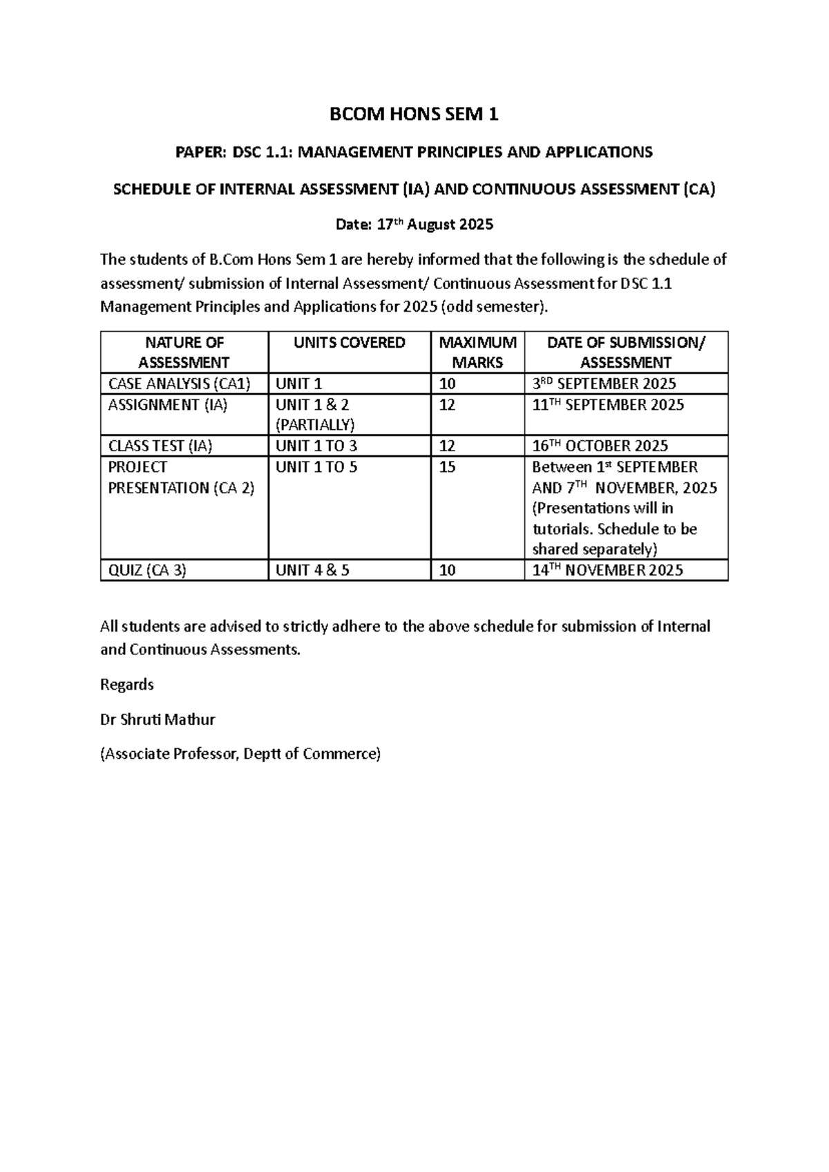 BCom Hons Sem 1: DSC 1.1 Management Principles IA & CA Schedule - Studocu