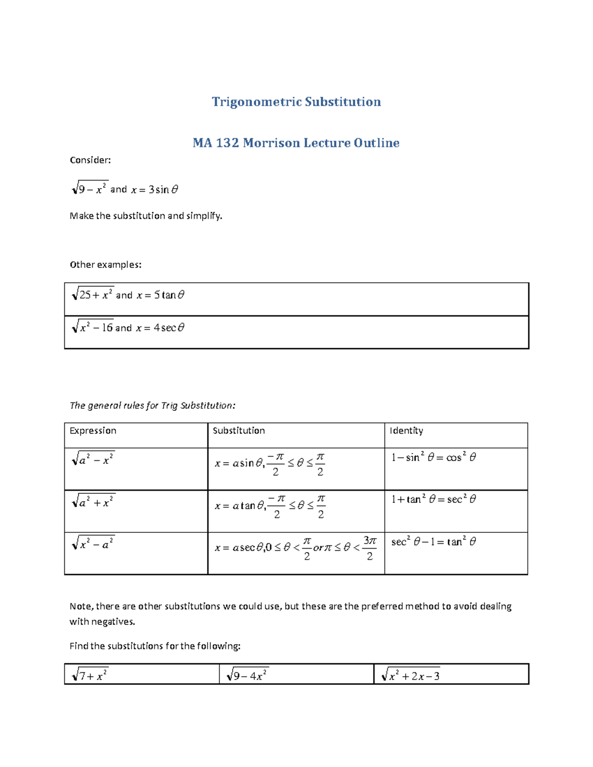 Trigonometric Substitution MA 132 Lecture Notes and Examples - Studocu