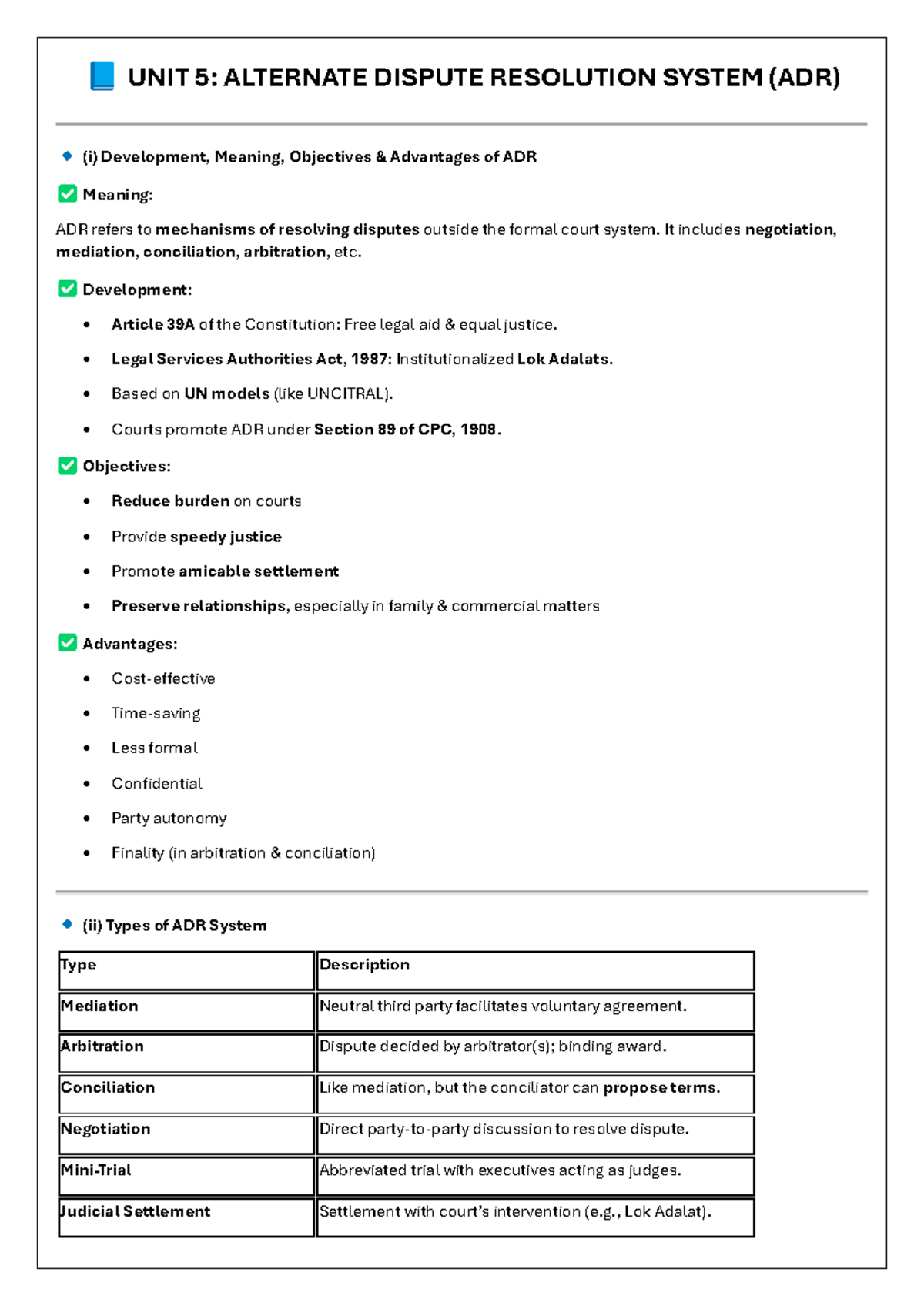 UNIT 5: ALTERNATE DISPUTE RESOLUTION (ADR) Overview and Key Concepts ...