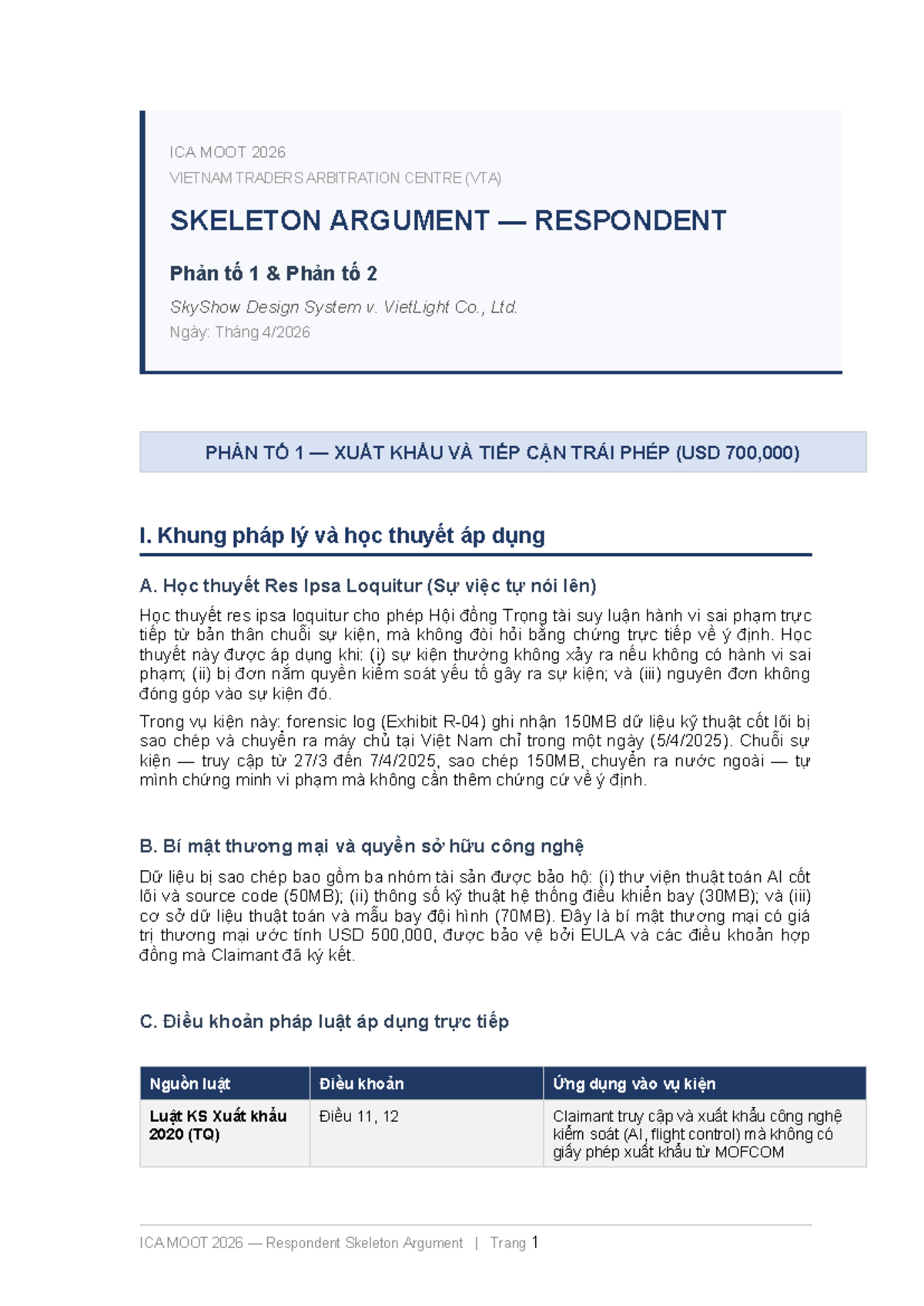 ICA MOOT 2026 Respondent Skeleton Argument: Phản Tố và Phân Tích Thiệt ...