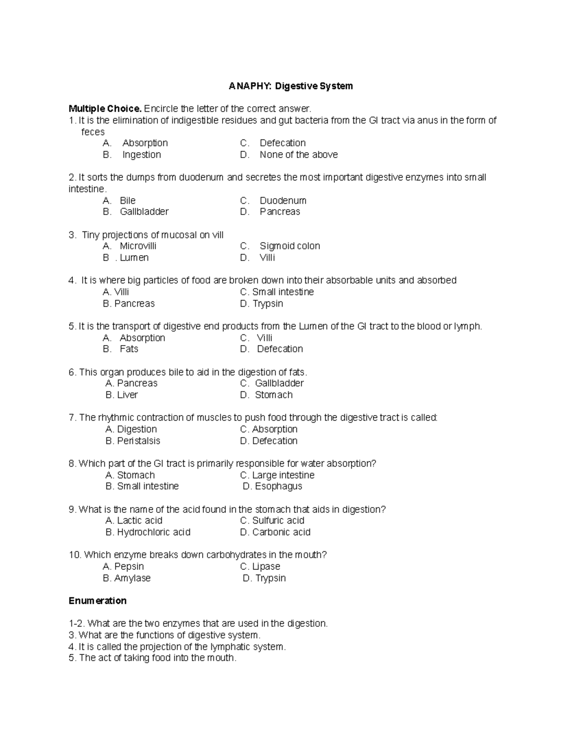 ANAPHY: Digestive System MCQ Questionnaire - Studocu