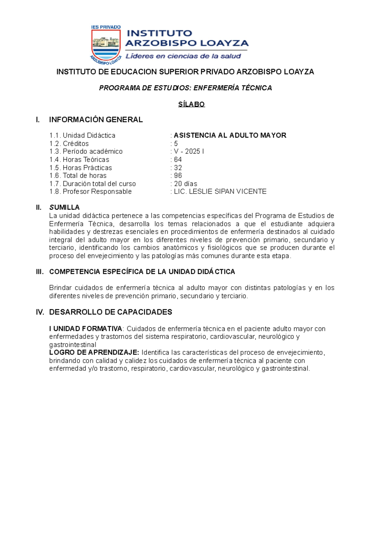 Sílabo de Asistencia al Adulto Mayor - Enfermería Técnica (V 2025 I ...