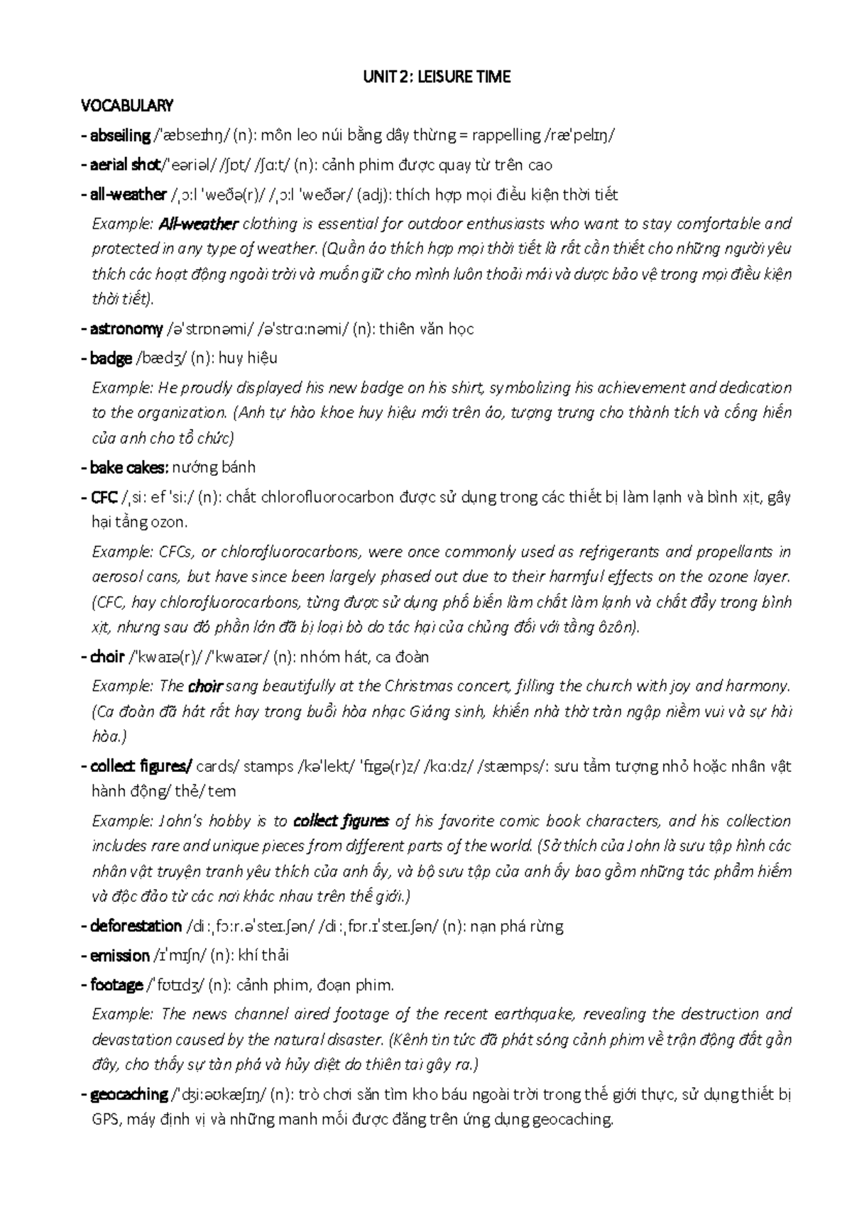 UNIT 2: LEISURE TIME VOCABULARY - Friends Global English - Studocu