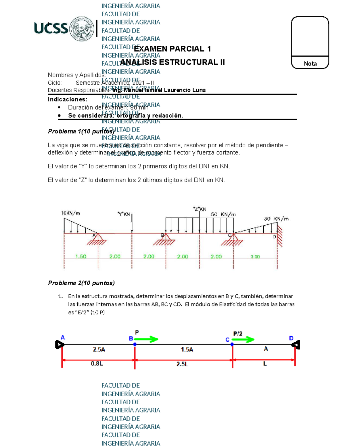 Examen Parcial 1 - Análisis Estructural II - B. Ramirez UGAS - Document Preview
