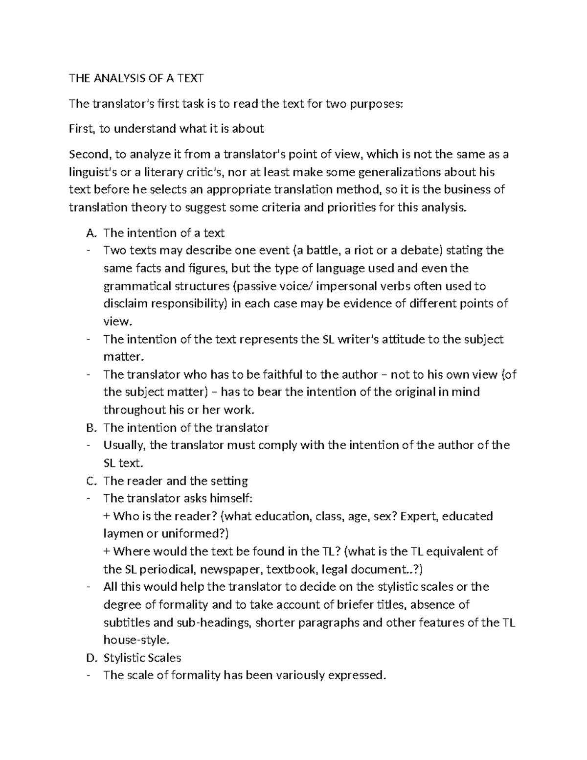 Translation Theory Analysis: A Translator's Perspective - Studocu