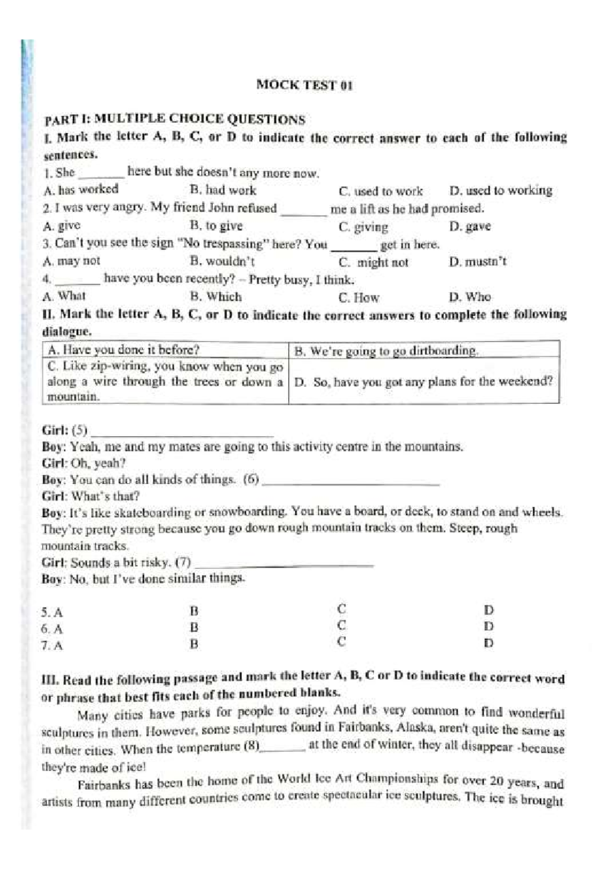 UMS English Mock Test 01: Multiple Choice Questions & Answers - Studocu