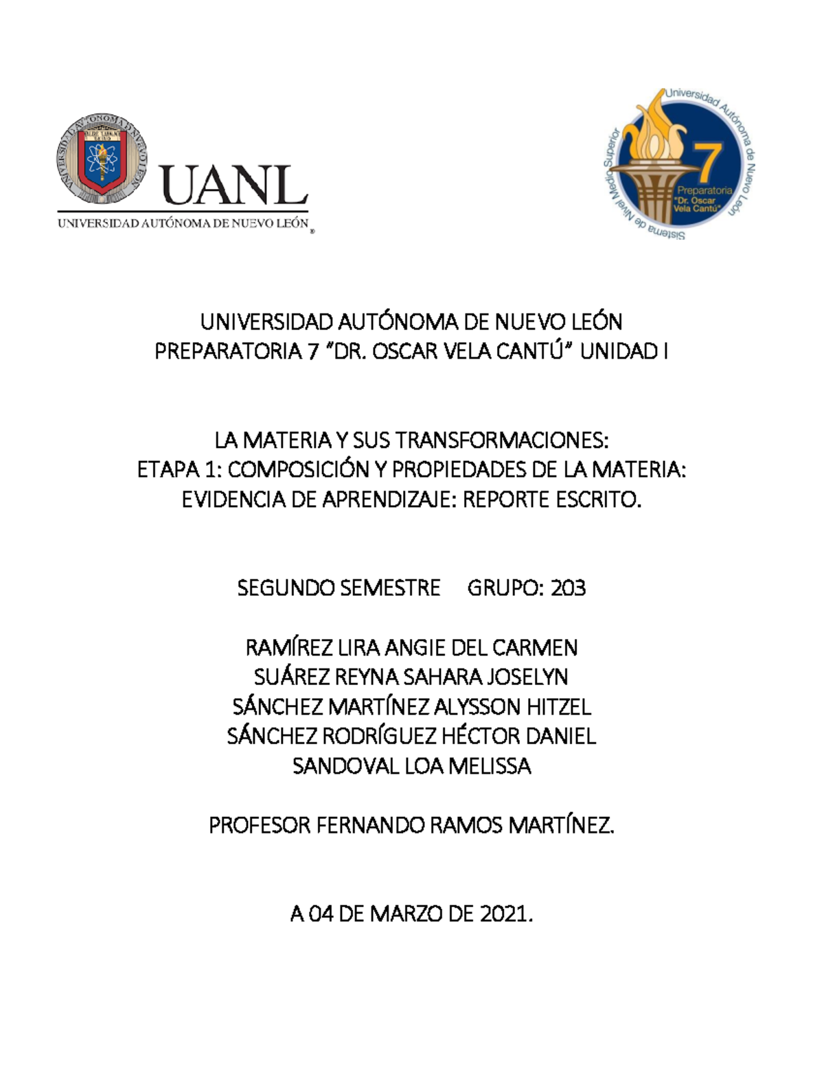 Evidencia de Aprendizaje Etapa 1: Composición y Propiedades de Materia ...