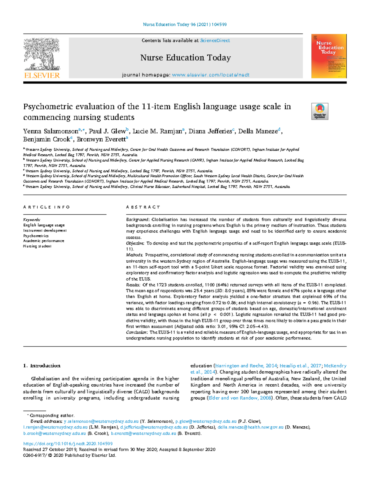 Psychometric evaluation of the 11 item English language usage scale in ...
