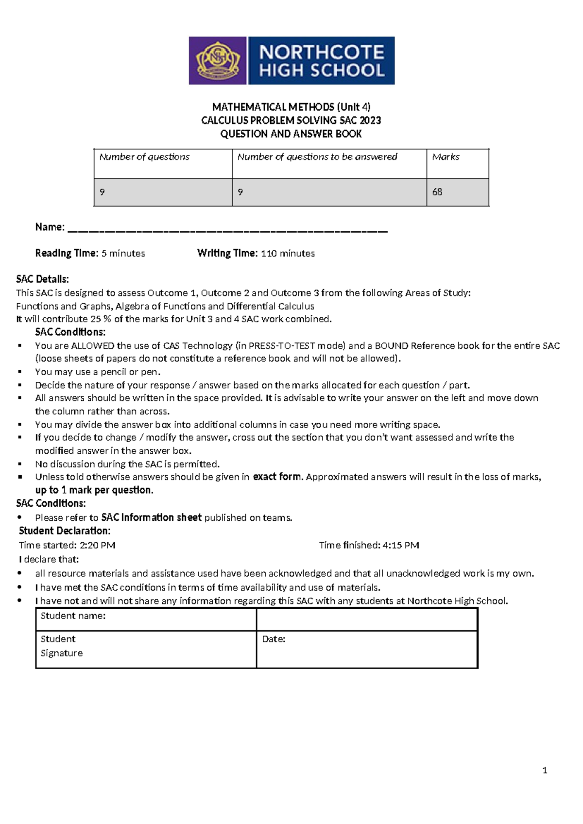 2023 MATHEMATICAL METHODS (Unit 4) Calculus SAC Exam Guide - Studocu