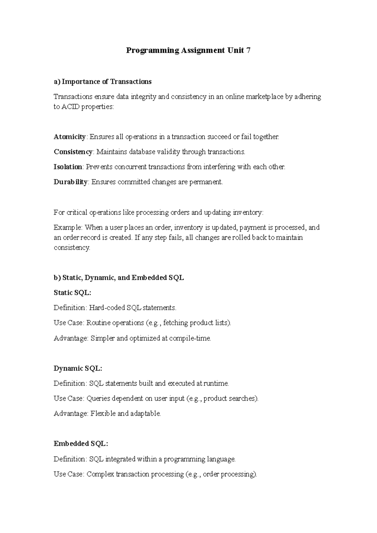 Programming Assignment Unit 7: Importance of Transactions & SQL Types ...