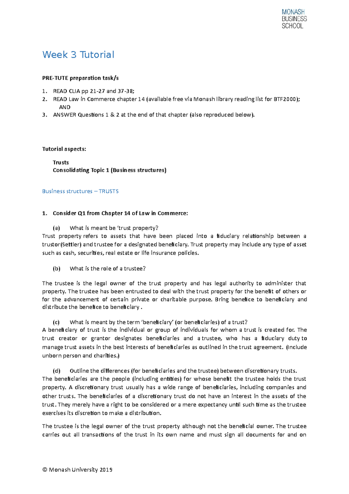 BTF2000 - Week 3 Tutorial Notes on Trusts and Business Structures - Studocu