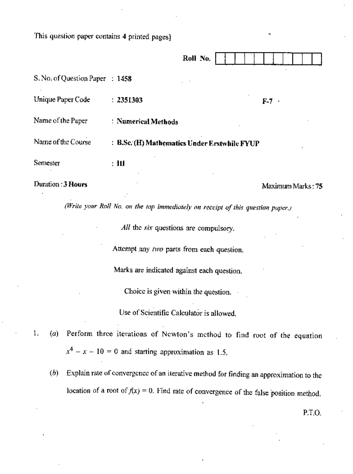 B.Sc. (H) III-2 Numerical Methods & Programming Question Paper 1115 ...