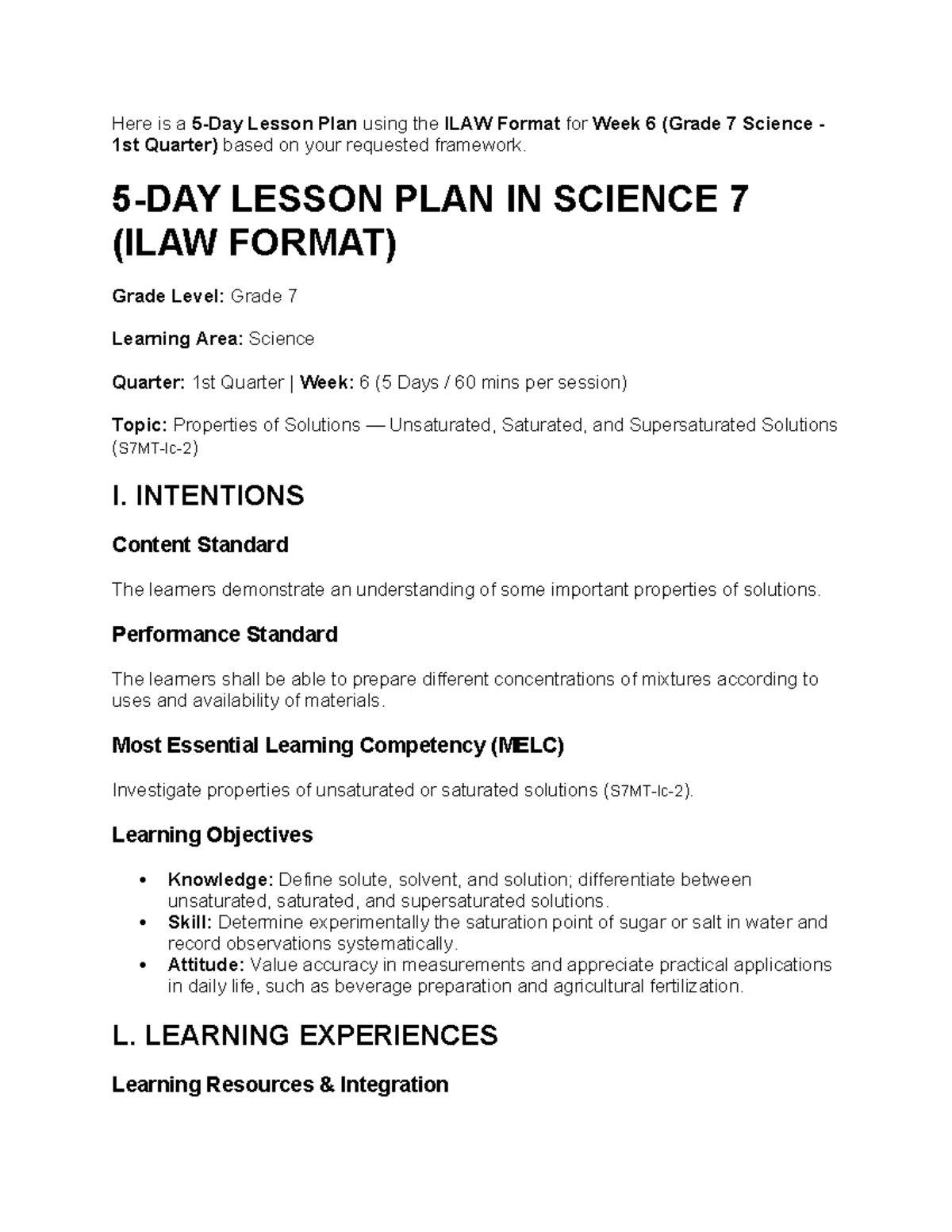 Grade 7 Science Lesson Plan: Properties of Solutions (Week 6) - Studocu