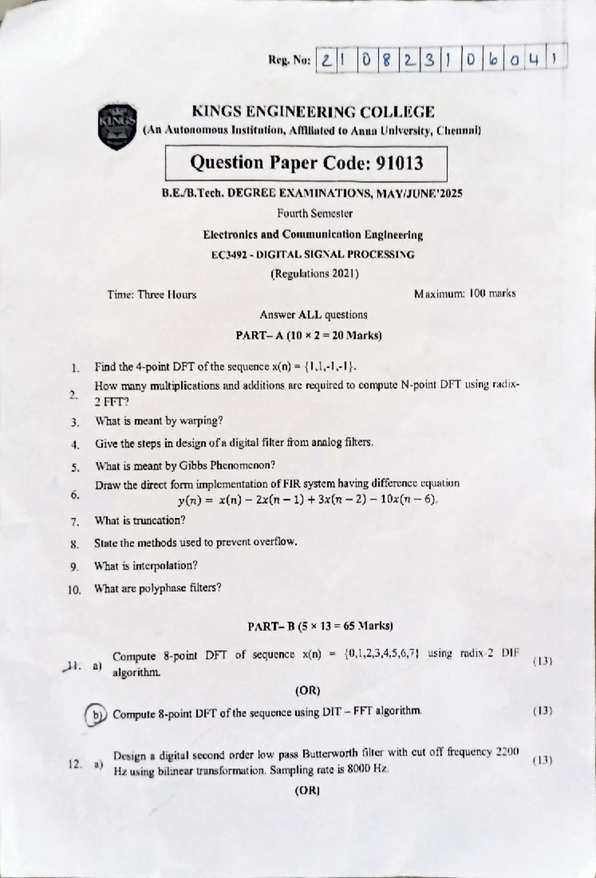 EC3492 Digital Signal Processing - Question Paper & Syllabus - Studocu