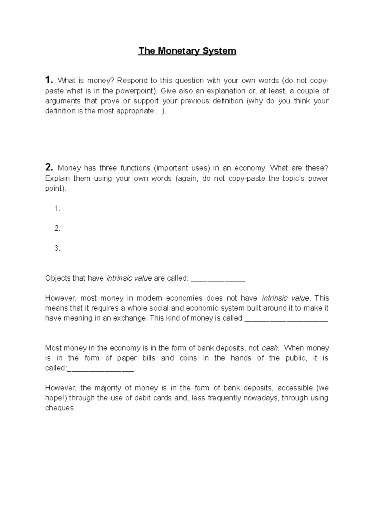 Monetary System Exercises Worksheet for Class [Course Code] - Studocu