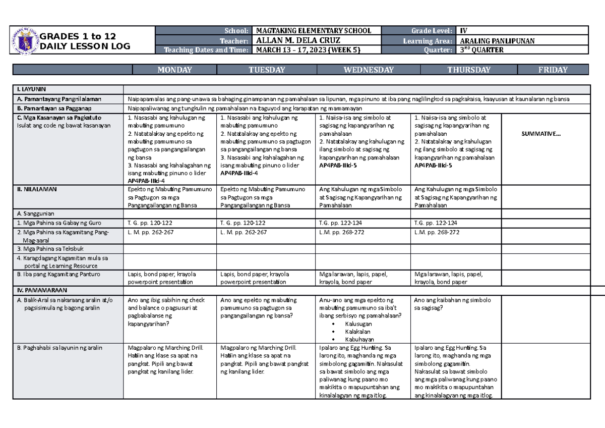 DLL Araling Panlipunan 4 Q3 W5 - GRADES 1 to 12 DAILY LESSON LOG School ...