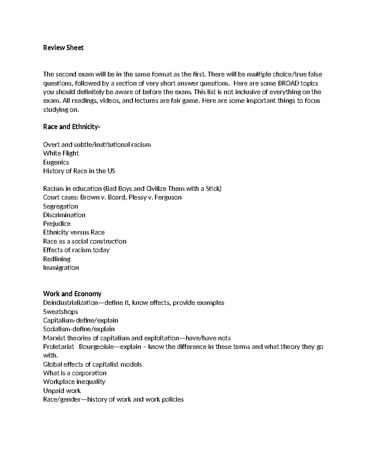 Review Sheet Exam Iinew - Review Sheet The second exam will be in the ...