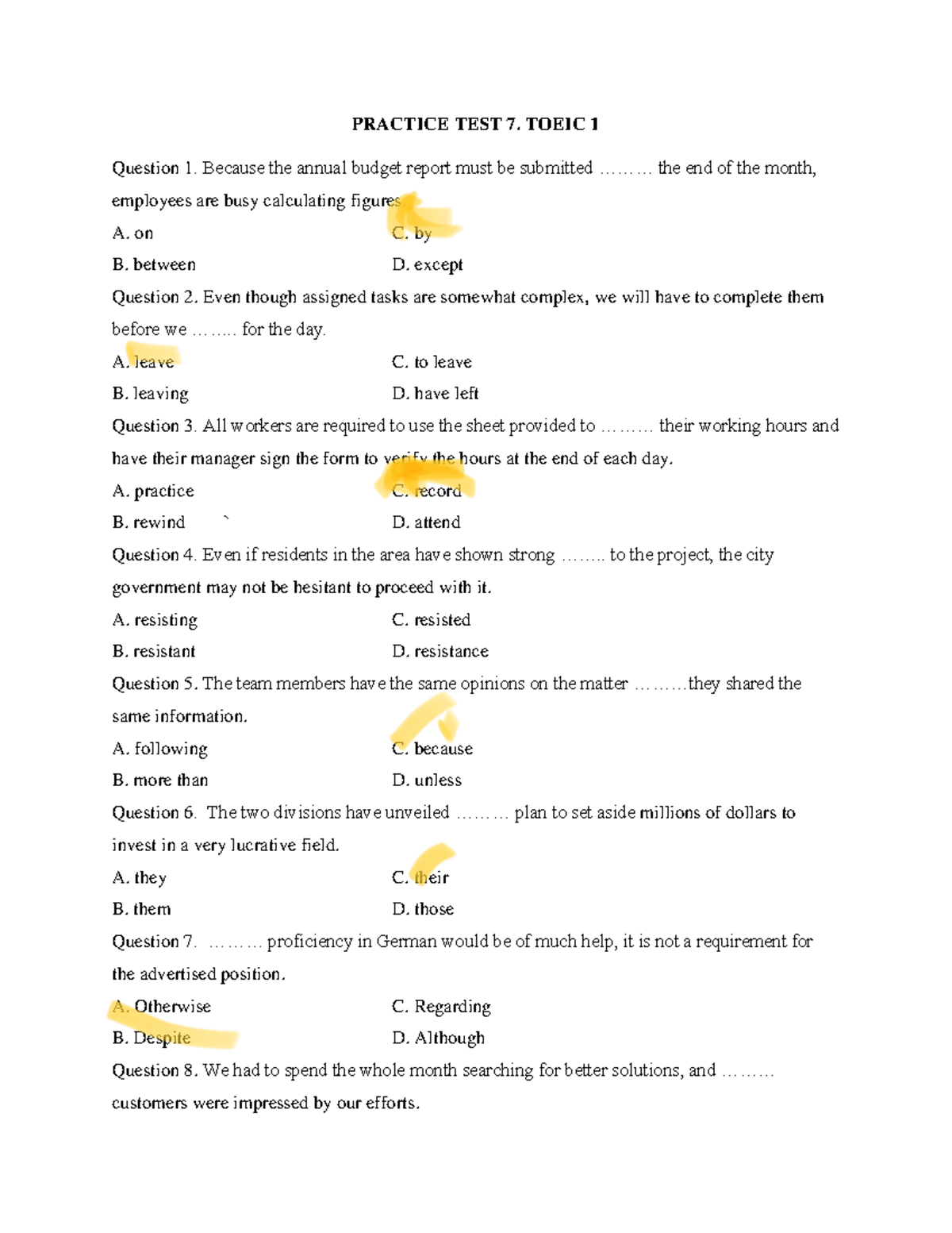 TOEIC Practice Test 7: Sample Questions & Answers - Studocu