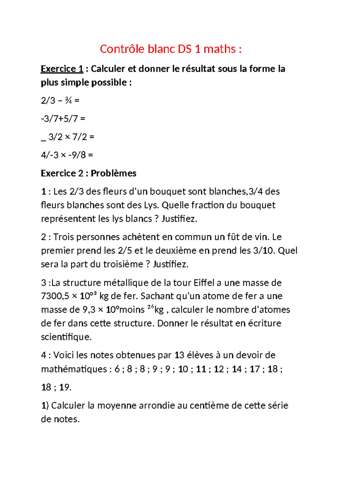 Ds 1 maths - exemple de ds - Contrôle blanc DS 1 maths : Exercice 1 ...