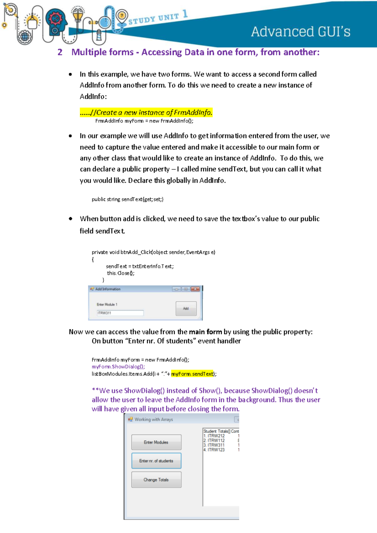 Advanced GUI - Practise Material: Accessing Data Between Forms - Studocu
