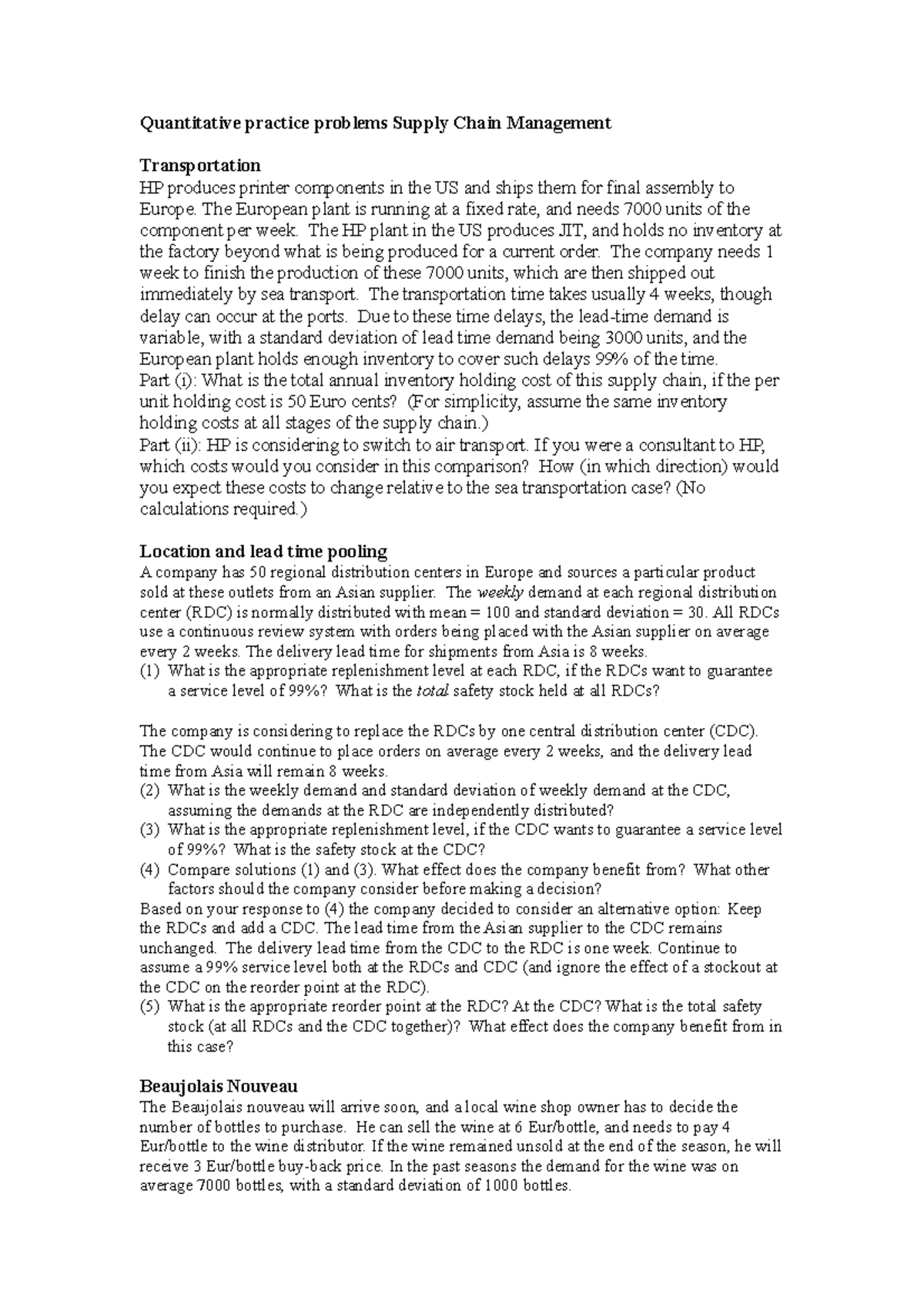 Supply Chain Management SCM - Quantitative Practice Problems Solutions ...