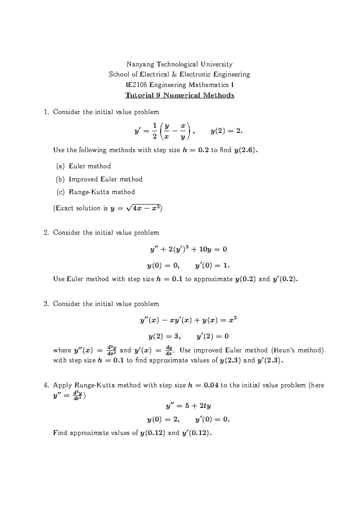 IE2106 Tutorial 9: Numerical Methods for Initial Value Problems - Studocu